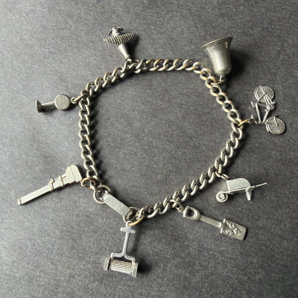 Vintage Silver Tone 8 Charm Bracelet  Mid Century Plane Bike Gardening Bell